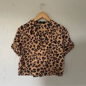 Olivaceous Brown Black Leopard Button Down Luxe Short Sleeve Shirt Pajama Top M